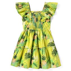 Pine Kids Cotton Woven Frill Sleeves Frock with Tropical Print - Limegreen