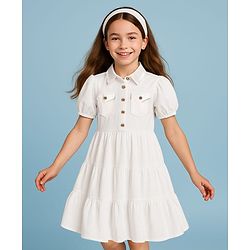 Pine Kids Cotton Woven Half Puffed Sleeves Solid Color Collared Frock - White