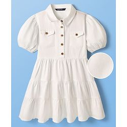 Pine Kids Cotton Woven Half Puffed Sleeves Solid Color Collared Frock - White