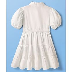 Pine Kids Cotton Woven Half Puffed Sleeves Solid Color Collared Frock - White