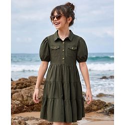 Pine Kids Cotton Woven Half Puffed Sleeves Front Open Solid Collared Dress - Olive Green