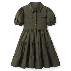 Pine Kids Cotton Woven Half Puffed Sleeves Front Open Solid Collared Dress - Olive Green