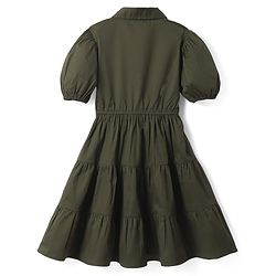 Pine Kids Cotton Woven Half Puffed Sleeves Front Open Solid Collared Dress - Olive Green