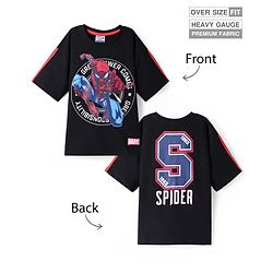 Pine Kids Marvel Terry Knit Half Sleeves Drop Shoulder Oversized T-Shirt With Front And Back Spider-Man Graphics - Black