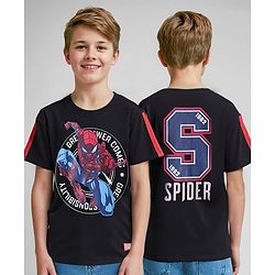 Pine Kids Marvel Terry Knit Half Sleeves Drop Shoulder Oversized T-Shirt With Front And Back Spider-Man Graphics - Black