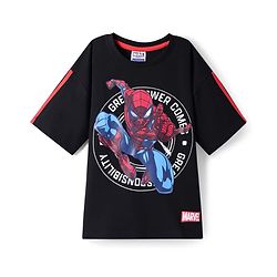 Pine Kids Marvel Terry Knit Half Sleeves Drop Shoulder Oversized T-Shirt With Front And Back Spider-Man Graphics - Black