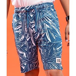 Pine Kids Looper Knit Above Knee Length Shorts With Leaf Print - Royal Blue