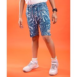 Pine Kids Looper Knit Above Knee Length Shorts With Leaf Print - Royal Blue