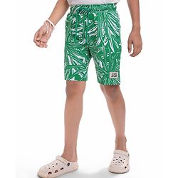 Pine Kids Looper Knit Above Knee Length Shorts With Leaf Print - Green