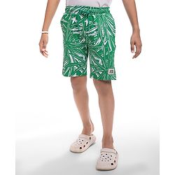 Pine Kids Looper Knit Above Knee Length Shorts With Leaf Print - Green