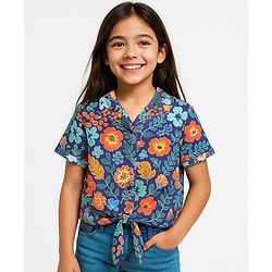 Pine Kids Woven Half Sleeves Shirt Style Top with Floral Print & Knot Detailing - Navy Blue