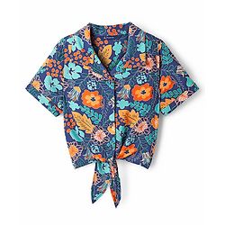 Pine Kids Woven Half Sleeves Shirt Style Top with Floral Print & Knot Detailing - Navy Blue