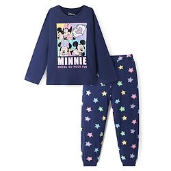Pine Kids Disney Single Jersey Knit Full Sleeves Night Suit with Minnie & Friends Graphics - Navy Blue