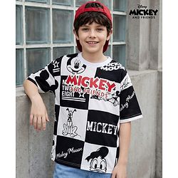 Pine Kids Disney Terry Knit Half Drop Shoulder Sleeves Oversized T-Shirt with Mickey Mouse Gel Print - Black & White