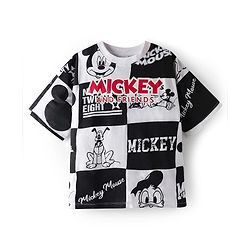 Pine Kids Disney Terry Knit Half Drop Shoulder Sleeves Oversized T-Shirt with Mickey Mouse Gel Print - Black & White
