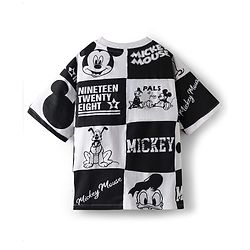 Pine Kids Disney Terry Knit Half Drop Shoulder Sleeves Oversized T-Shirt with Mickey Mouse Gel Print - Black & White