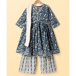 Pine Kids Viscose Woven Three Fourth Sleeves Floral Printed Kurta & Gharara Set with Dupatta - Navy Blue
