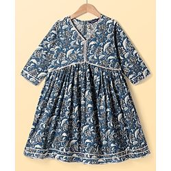 Pine Kids Viscose Woven Three Fourth Sleeves Floral Printed Kurta & Gharara Set with Dupatta - Navy Blue