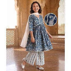 Pine Kids Viscose Woven Three Fourth Sleeves Floral Printed Kurta & Gharara Set with Dupatta - Navy Blue