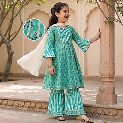 Pine Kids Viscose Woven Three Fourth Sleeves Floral Printed Kurta & Gharara Set with Dupatta - Mint Green