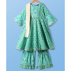 Pine Kids Viscose Woven Three Fourth Sleeves Floral Printed Kurta & Gharara Set with Dupatta - Mint Green