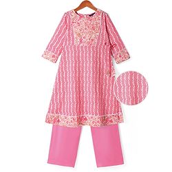 Pine Kids Viscose Woven Three Fourth Sleeves Floral Printed Kurta Salwar Set - Pink