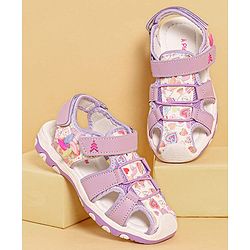 Pine Kids Heart Printed Sandals With Floral Applique & Velcro Closure - Purple