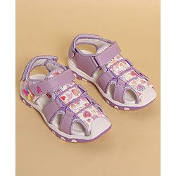 Pine Kids Heart Printed Sandals With Floral Applique & Velcro Closure - Purple