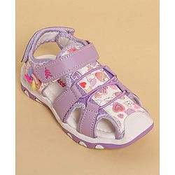 Pine Kids Heart Printed Sandals With Floral Applique & Velcro Closure - Purple