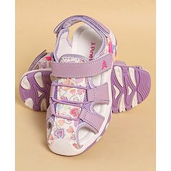 Pine Kids Heart Printed Sandals With Floral Applique & Velcro Closure - Purple