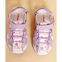 Pine Kids Heart Printed Sandals With Floral Applique & Velcro Closure - Purple