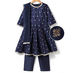 Pine Kids Woven Three Fourth Sleeves Kurta Chudidar Set with Embroidery & Lace Detailing - Navy Blue