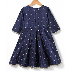 Pine Kids Woven Three Fourth Sleeves Kurta Chudidar Set with Embroidery & Lace Detailing - Navy Blue
