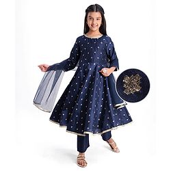 Pine Kids Woven Three Fourth Sleeves Kurta Chudidar Set with Embroidery & Lace Detailing - Navy Blue