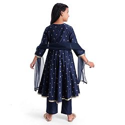 Pine Kids Woven Three Fourth Sleeves Kurta Chudidar Set with Embroidery & Lace Detailing - Navy Blue