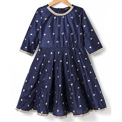 Pine Kids Woven Three Fourth Sleeves Kurta Chudidar Set with Embroidery & Lace Detailing - Navy Blue