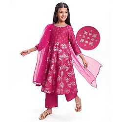 Pine Kids Woven Three Fourth Sleeves Kurti Salwar Set with Dupatta & Floral Foil Print - Dark Pink