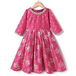 Pine Kids Woven Three Fourth Sleeves Kurti Salwar Set with Dupatta & Floral Foil Print - Dark Pink