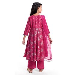 Pine Kids Woven Three Fourth Sleeves Kurti Salwar Set with Dupatta & Floral Foil Print - Dark Pink