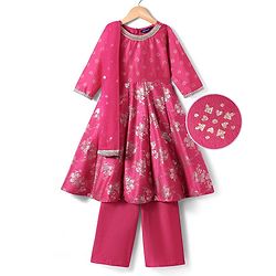 Pine Kids Woven Three Fourth Sleeves Kurti Salwar Set with Dupatta & Floral Foil Print - Dark Pink
