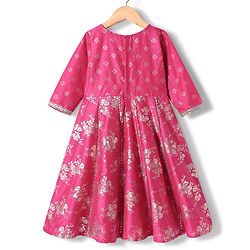Pine Kids Woven Three Fourth Sleeves Kurti Salwar Set with Dupatta & Floral Foil Print - Dark Pink