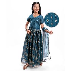 Pine Kids Woven Half Sleeves Floral Printed Choli Lehenga Set with Dupatta & Sequin Detailing - Teal Blue