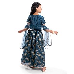 Pine Kids Woven Half Sleeves Floral Printed Choli Lehenga Set with Dupatta & Sequin Detailing - Teal Blue