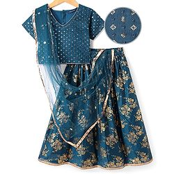Pine Kids Woven Half Sleeves Floral Printed Choli Lehenga Set with Dupatta & Sequin Detailing - Teal Blue