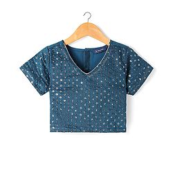 Pine Kids Woven Half Sleeves Floral Printed Choli Lehenga Set with Dupatta & Sequin Detailing - Teal Blue