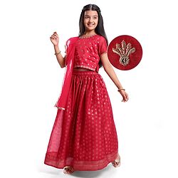 Pine Kids Half Sleeves Floral Embroidered Choli with Foil Printed Lehenga  & Dupatta   Set - Red