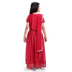Pine Kids Half Sleeves Floral Embroidered Choli with Foil Printed Lehenga  & Dupatta   Set - Red