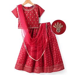 Pine Kids Half Sleeves Floral Embroidered Choli with Foil Printed Lehenga  & Dupatta   Set - Red