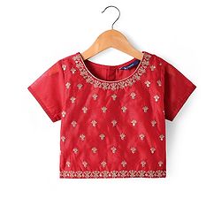 Pine Kids Half Sleeves Floral Embroidered Choli with Foil Printed Lehenga  & Dupatta   Set - Red