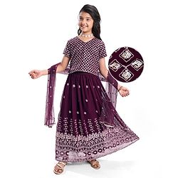 Pine Kids Woven Half Sleeves Floral Sequinned Choli Lehenga Set with Dupatta - Wine